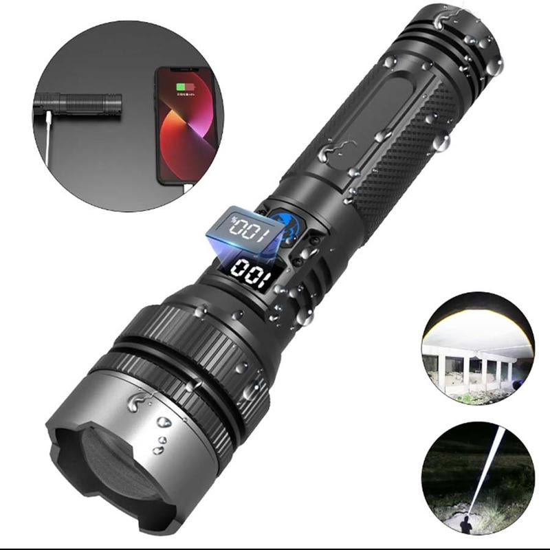 2-In-1 Strong Flashlight (Power Bank),Digital Display of Power,Rechargeable,Zoomable,X4Waterproof,Adjustable Brightness Flash Light for Outdoor,Emergency,Camping Accessories,Fishing Garden Lighting Night Security Garage Lighting