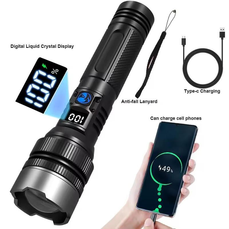 2-In-1 Strong Flashlight (Power Bank),Digital Display of Power,Rechargeable,Zoomable,X4Waterproof,Adjustable Brightness Flash Light for Outdoor,Emergency,Camping Accessories,Fishing Garden Lighting Night Security Garage Lighting