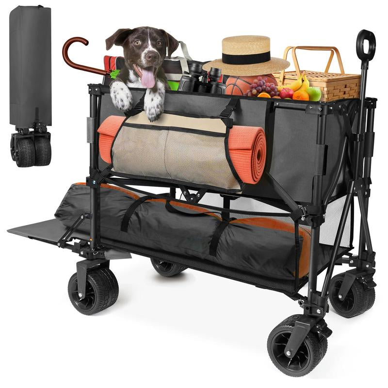 54" Double Decker Wagon Cart with Wheels Foldable, 400L Large Capacity Collapsible Wagon, 550LBS Load Carts, Beach Wagon for Camping Outdoor Portable