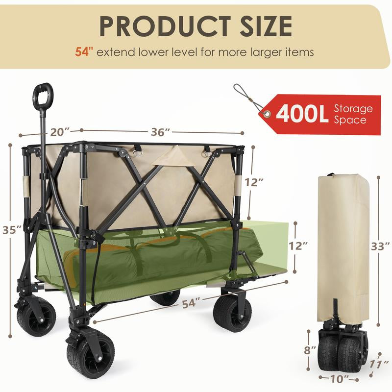 54" Double Decker Wagon Cart with Wheels Foldable, 400L Large Capacity Collapsible Wagon, 550LBS Load Carts, Beach Wagon for Camping Outdoor Portable