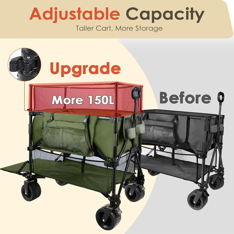 54" Double Decker Wagon Cart with Wheels Foldable, 400L Large Capacity Collapsible Wagon, 550LBS Load Carts, Beach Wagon for Camping Outdoor Portable