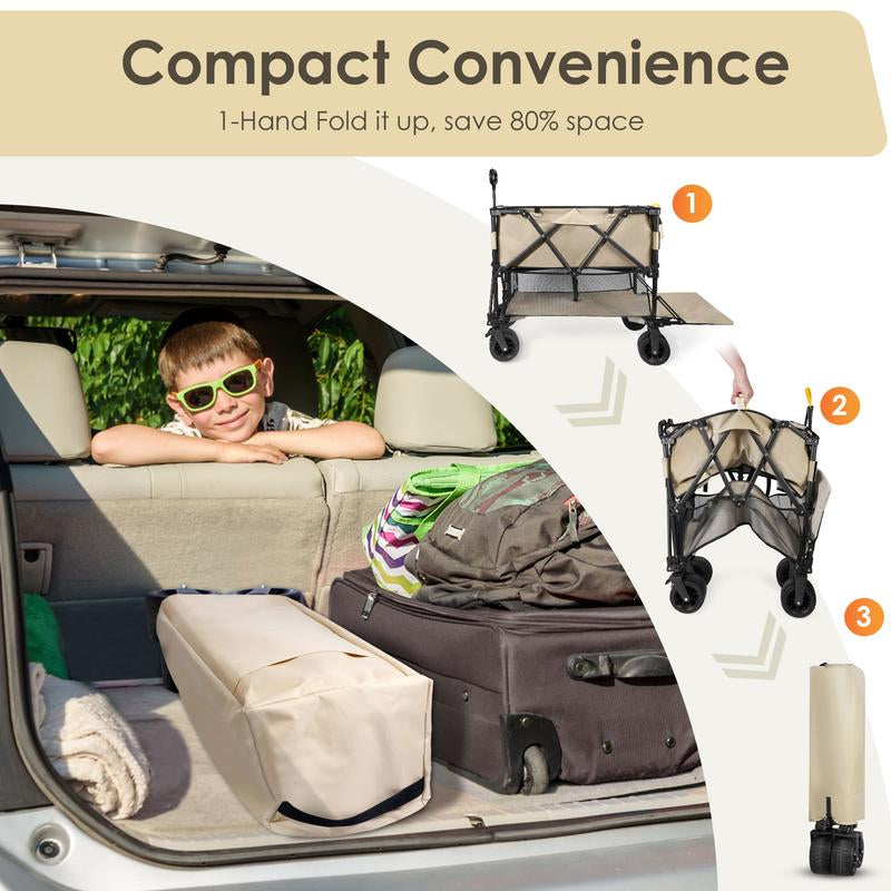 54" Double Decker Wagon Cart with Wheels Foldable, 400L Large Capacity Collapsible Wagon, 550LBS Load Carts, Beach Wagon for Camping Outdoor Portable