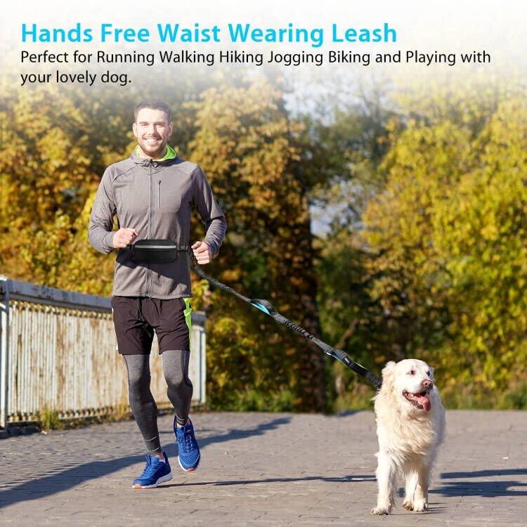 Hands Free Dog Running Leash with Adjustable Waist Belt Dual Handle Elastic Bungees Retractable Rope for Medium Large Dogs Reflective Stitches