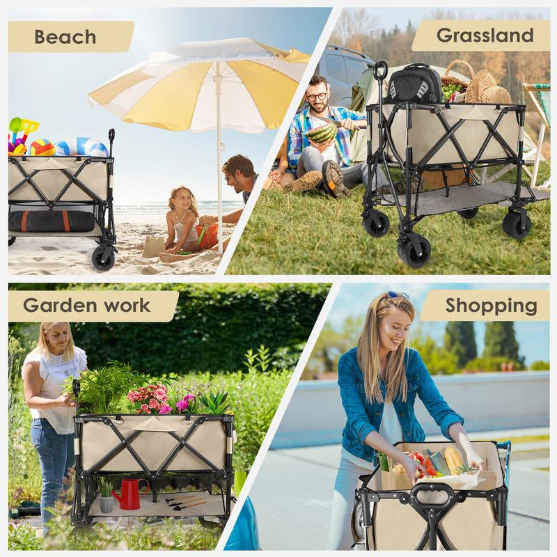 54" Double Decker Wagon Cart with Wheels Foldable, 400L Large Capacity Collapsible Wagon, 550LBS Load Carts, Beach Wagon for Camping Outdoor Portable
