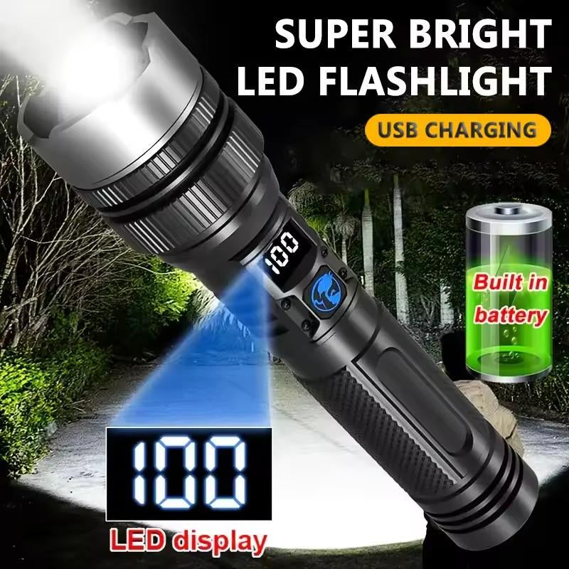 2-In-1 Strong Flashlight (Power Bank),Digital Display of Power,Rechargeable,Zoomable,X4Waterproof,Adjustable Brightness Flash Light for Outdoor,Emergency,Camping Accessories,Fishing Garden Lighting Night Security Garage Lighting