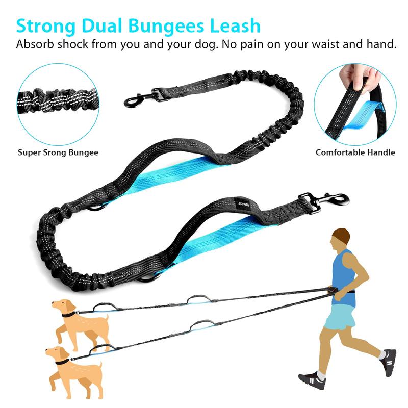 Hands Free Dog Running Leash with Adjustable Waist Belt Dual Handle Elastic Bungees Retractable Rope for Medium Large Dogs Reflective Stitches