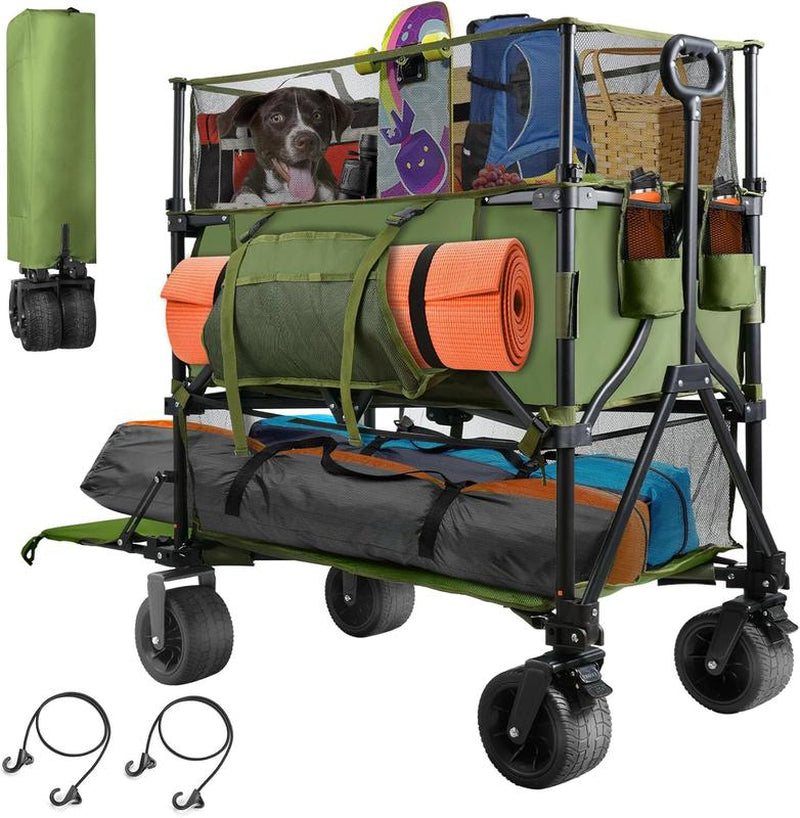 54" Double Decker Wagon Cart with Wheels Foldable, 400L Large Capacity Collapsible Wagon, 550LBS Load Carts, Beach Wagon for Camping Outdoor Portable
