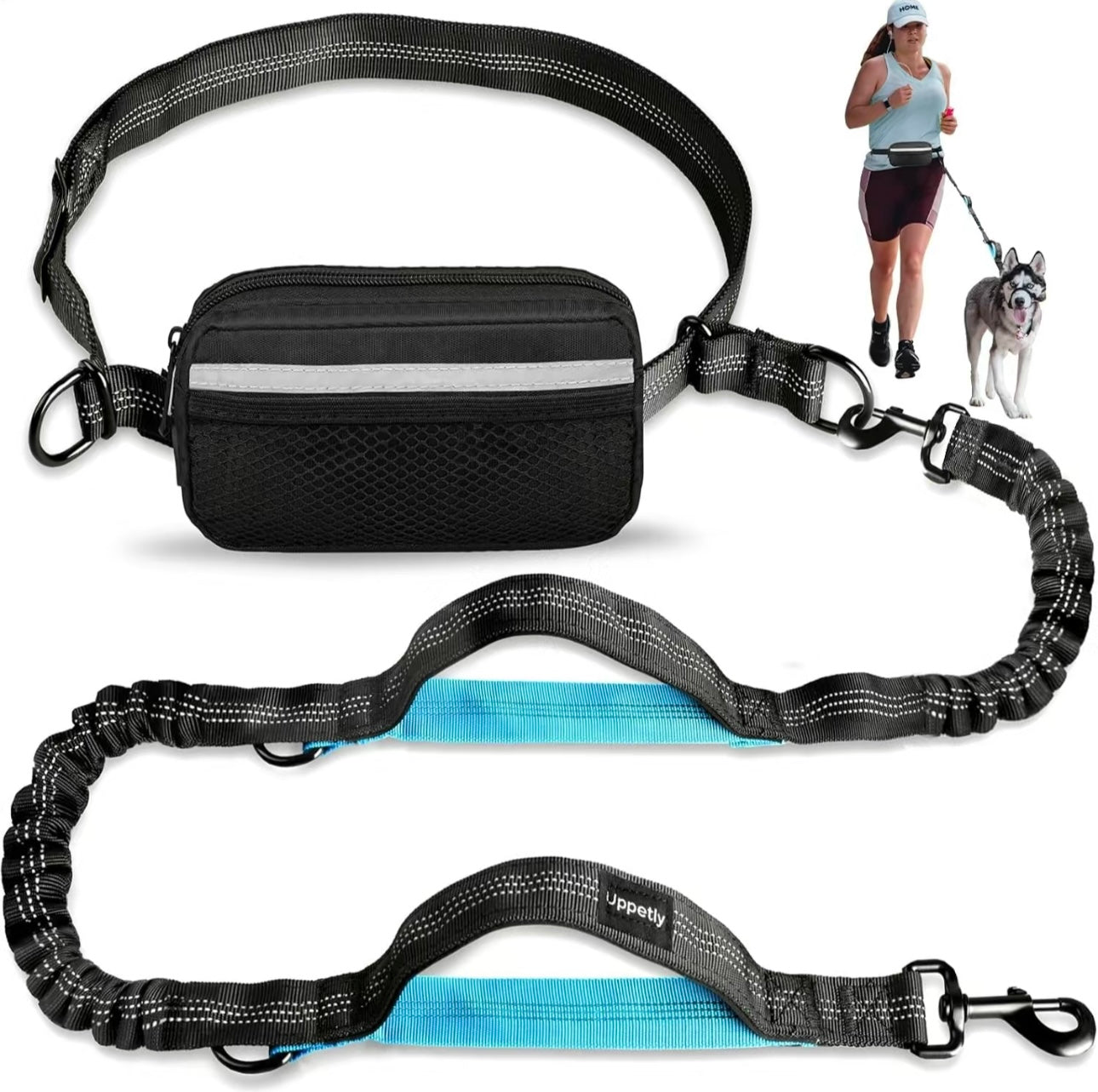 Hands Free Dog Running Leash with Adjustable Waist Belt Dual Handle Elastic Bungees Retractable Rope for Medium Large Dogs Reflective Stitches