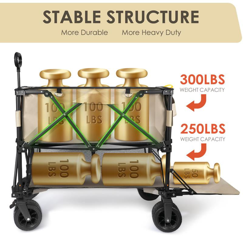 54" Double Decker Wagon Cart with Wheels Foldable, 400L Large Capacity Collapsible Wagon, 550LBS Load Carts, Beach Wagon for Camping Outdoor Portable