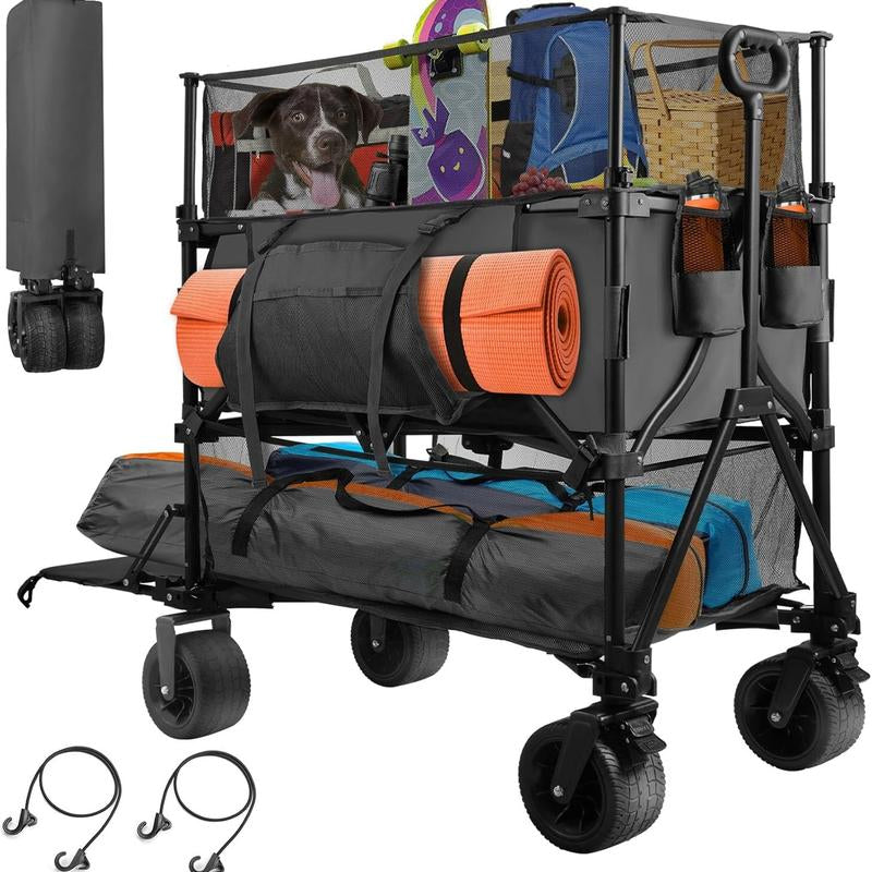 54" Double Decker Wagon Cart with Wheels Foldable, 400L Large Capacity Collapsible Wagon, 550LBS Load Carts, Beach Wagon for Camping Outdoor Portable