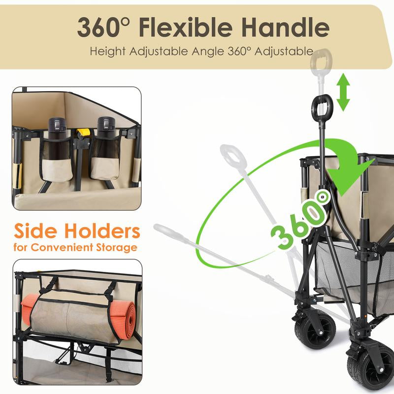 54" Double Decker Wagon Cart with Wheels Foldable, 400L Large Capacity Collapsible Wagon, 550LBS Load Carts, Beach Wagon for Camping Outdoor Portable
